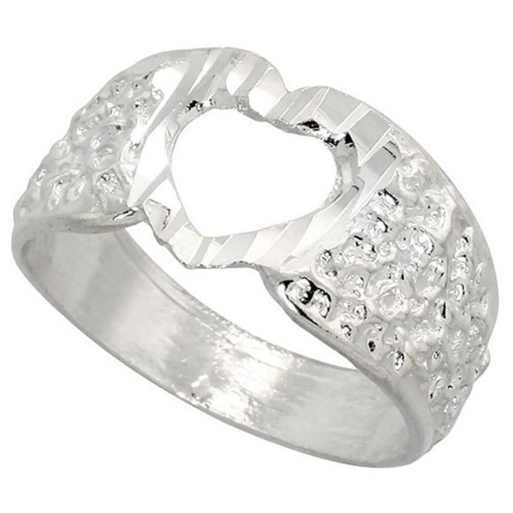 Sterling Silver Textured Heart Ring Polished finish 3/8 inch wide, sizes 6 7 8 9